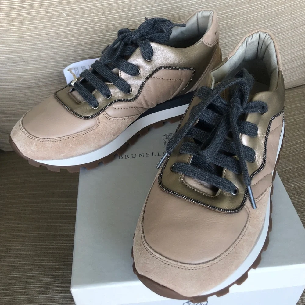 Brunello Cucinelli NWT leather and suede sneaker with cashmere laces - Picture 1 of 9